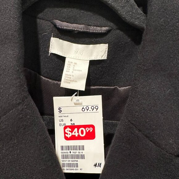 NWT H&M Black Single Breasted Longline Coat Tie-Belt Size 6 - Picture 4 of 5